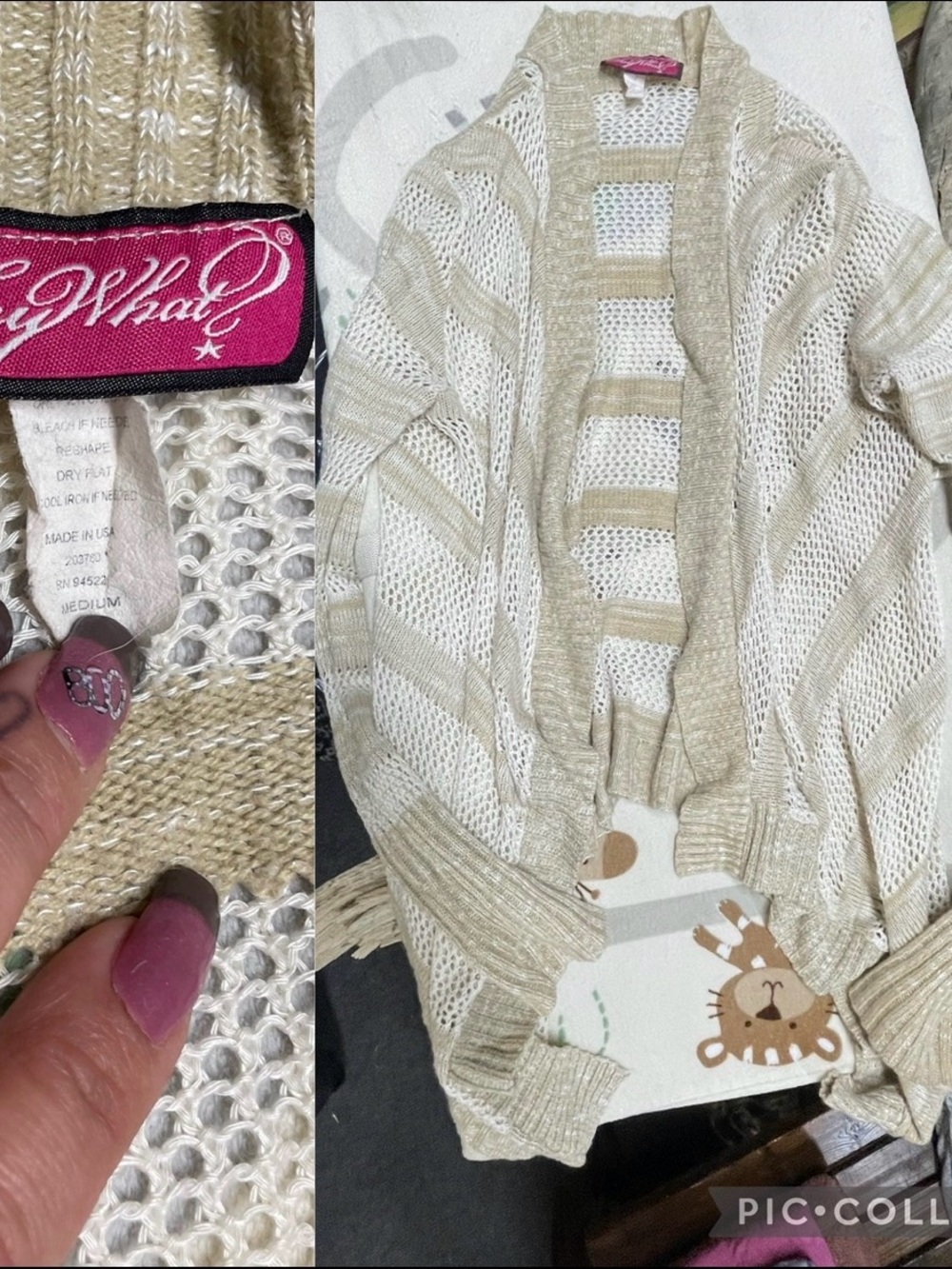 Say What? Open-Knit Beige and Cream Striped Cardigan Medium